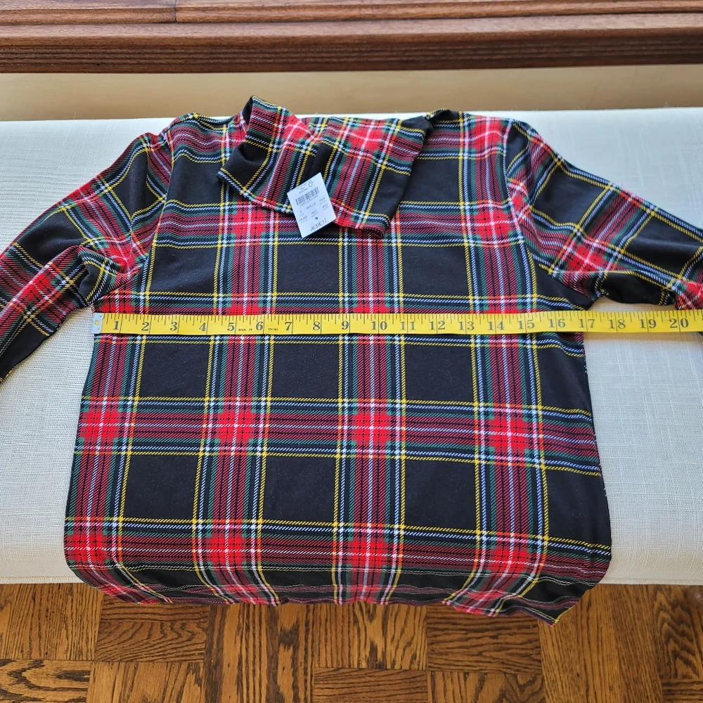 New J.Crew Sz Small S Printed tissue turtleneck Black Tartan plaid Top NWT